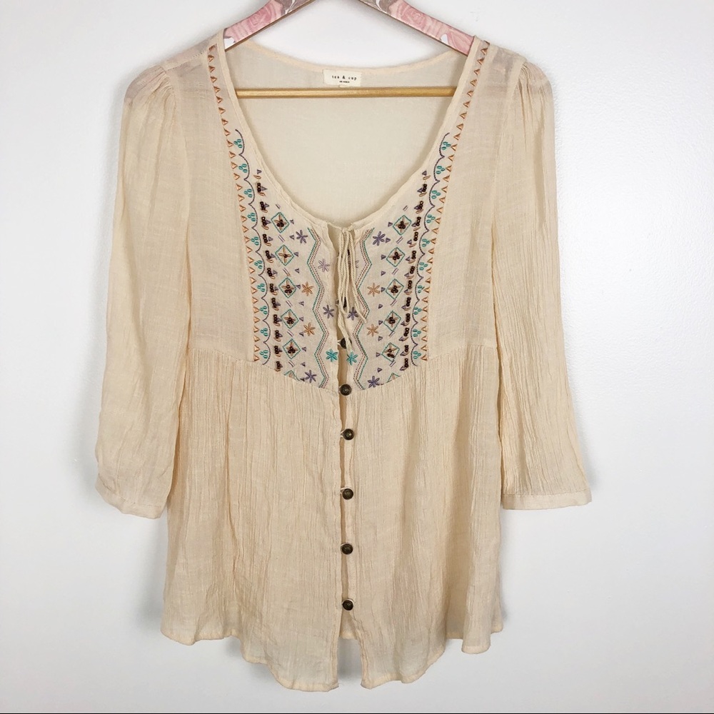 Tea & Cup Cream Embroidered Beaded Top Boho